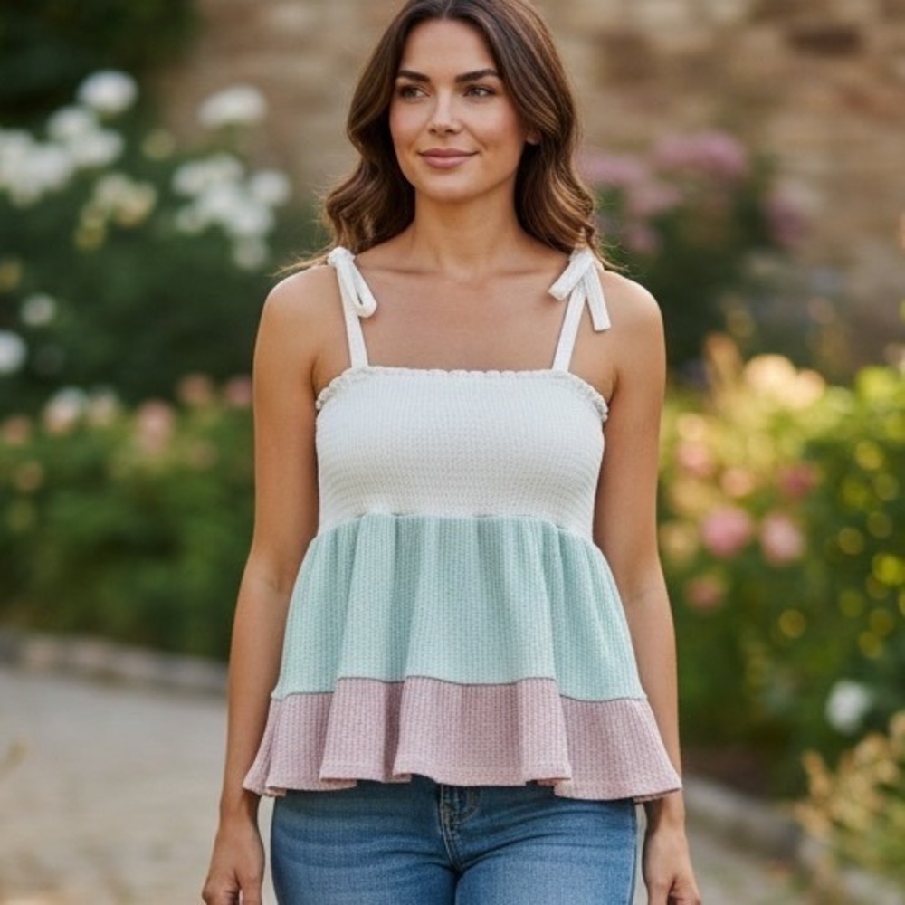 Altar'd State Pastel Colorblock Smocked Waffle Knit Top Cottagecore Fairycore M